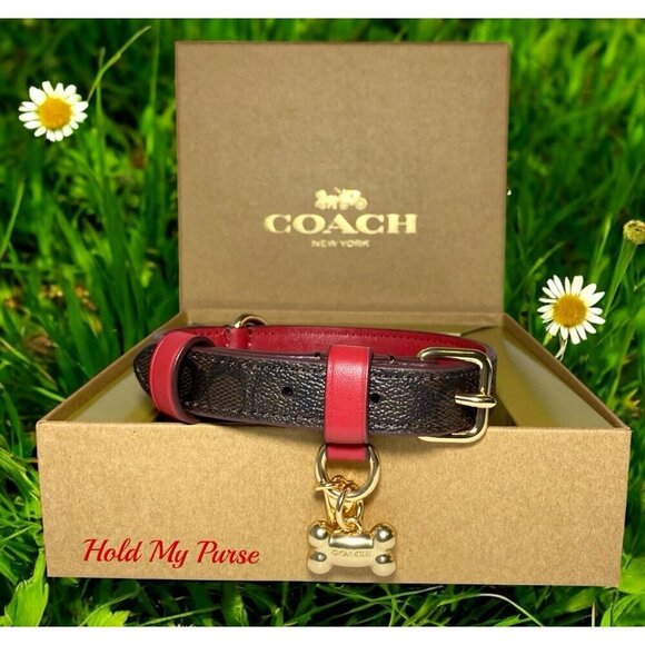 Coach Small Dog Collar Brown Red Signature C Includes an Apple AirTag Tracker - Picture 2 of 11
